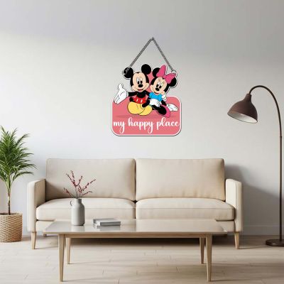 GIFTMEBAZAR My Happy Place With Mickey Mouse Cartoon Theme Wooden Wall Hanging For Home, Living Room & Office Decor Wall Art Modern Decor Item